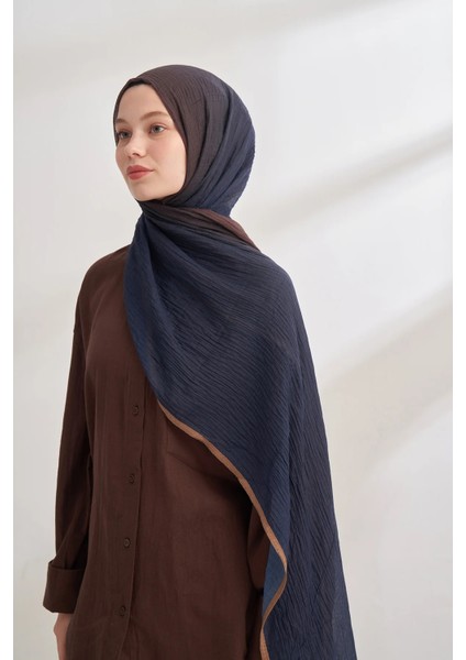 Lacivert-Kahve Armanda Degrade Biyeli Müslin Şal 3359