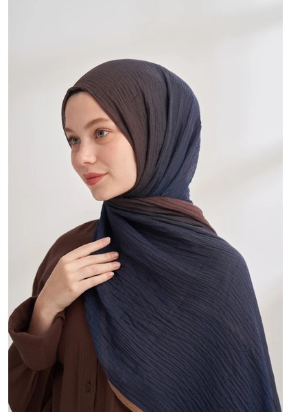 Lacivert-Kahve Armanda Degrade Biyeli Müslin Şal 3359 modelleri