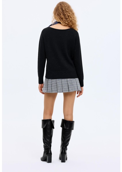 Kayık Yaka Simli Kazak Siyah modelleri