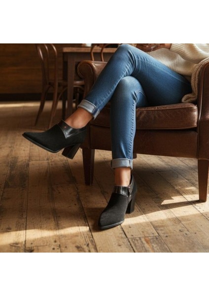 Siyah Süet Hakiki Deri Rugan Detaylı Kadın Kalın Topuklu Bot modelleri