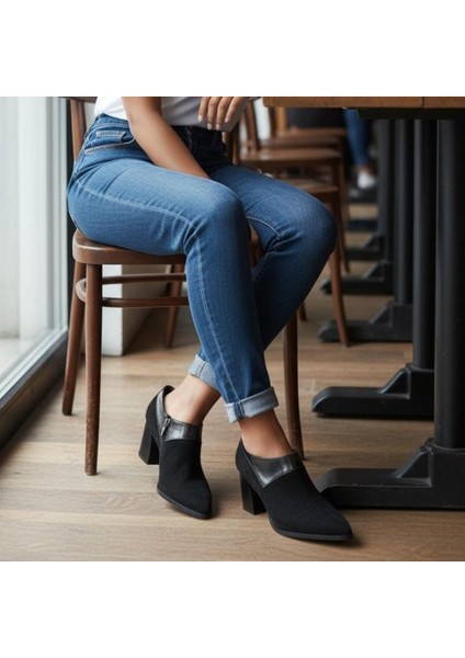 Siyah Süet Hakiki Deri Rugan Detaylı Kadın Kalın Topuklu Bot fırsatları