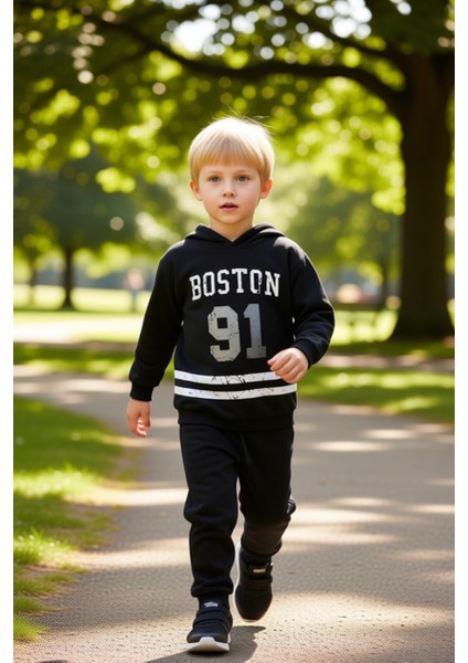 Erkek Çocuk Pamuklu Kapüşonlu Slogan Baskılı Oversize Örme Takım Kaliteli Şık Rahat