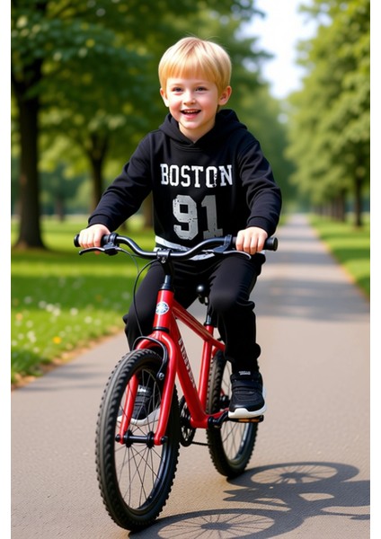 Erkek Çocuk Pamuklu Kapüşonlu Slogan Baskılı Oversize Örme Takım Kaliteli Şık Rahat fiyatları