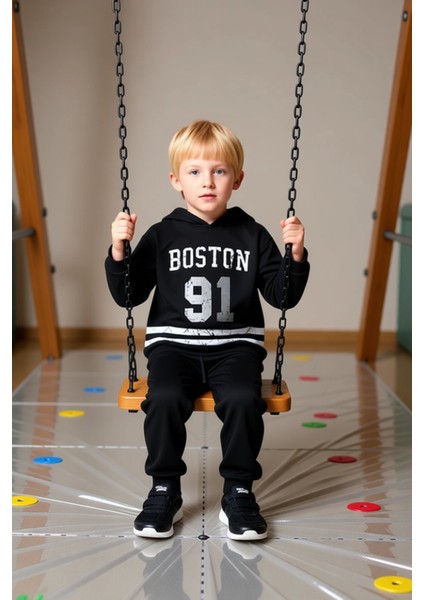 Erkek Çocuk Pamuklu Kapüşonlu Slogan Baskılı Oversize Örme Takım Kaliteli Şık Rahat modelleri