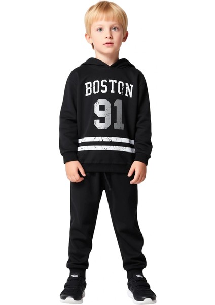 Erkek Çocuk Pamuklu Kapüşonlu Slogan Baskılı Oversize Örme Takım Kaliteli Şık Rahat fırsatları