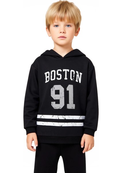 Erkek Çocuk Pamuklu Kapüşonlu Slogan Baskılı Oversize Örme Takım Kaliteli Şık Rahat indirimleri