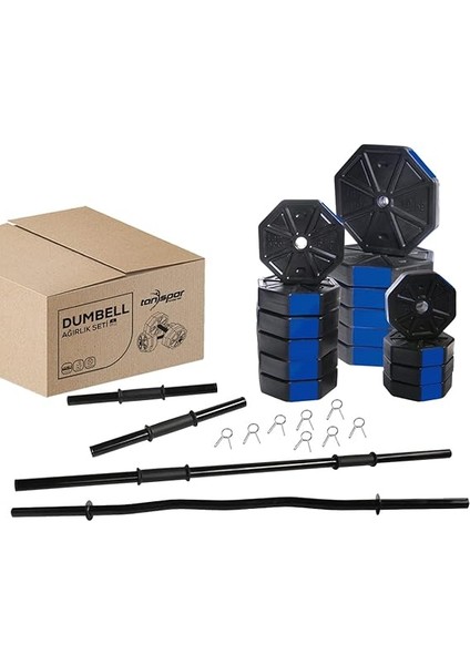 Spor 60 KG(150 Cm) Düz Bar + Z Bar Dambıl Ağırlık Halter Full Set Mavi Kapaklı modelleri