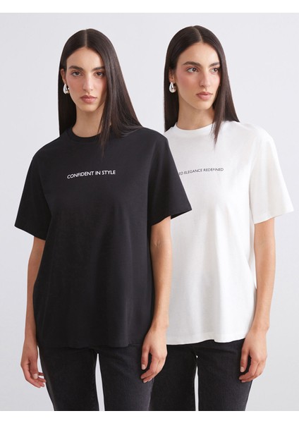 Yeni Sezon Bisiklet Yaka Baskılı Oversize Kadın Tişört 2'li