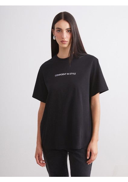 Yeni Sezon Bisiklet Yaka Baskılı Oversize Kadın Tişört 2'li modelleri