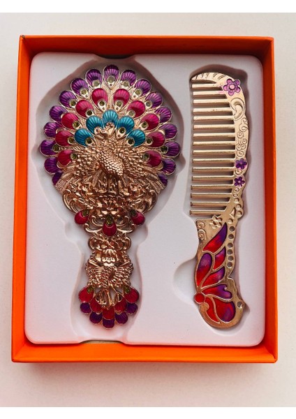 Ayna Tarak Seti, Kutulu-Metal-Hediyelik Takım, 13CM Aynalı Saç Fırçası, Tavuskuşu Figürlü