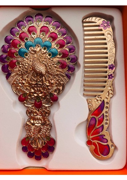 Ayna Tarak Seti, Kutulu-Metal-Hediyelik Takım, 13CM Aynalı Saç Fırçası, Tavuskuşu Figürlü modelleri