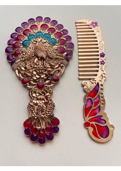 Ayna Tarak Seti, Kutulu-Metal-Hediyelik Takım, 13CM Aynalı Saç Fırçası, Tavuskuşu Figürlü indirimleri