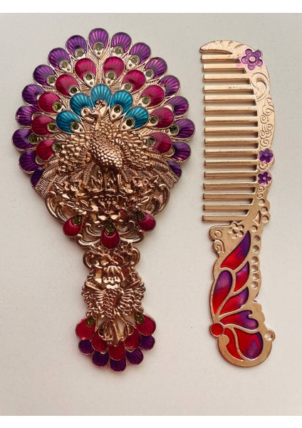 Ayna Tarak Seti, Kutulu-Metal-Hediyelik Takım, 13CM Aynalı Saç Fırçası, Tavuskuşu Figürlü