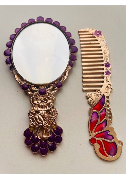 Ayna Tarak Seti, Kutulu-Metal-Hediyelik Takım, 13CM Aynalı Saç Fırçası, Tavuskuşu Figürlü