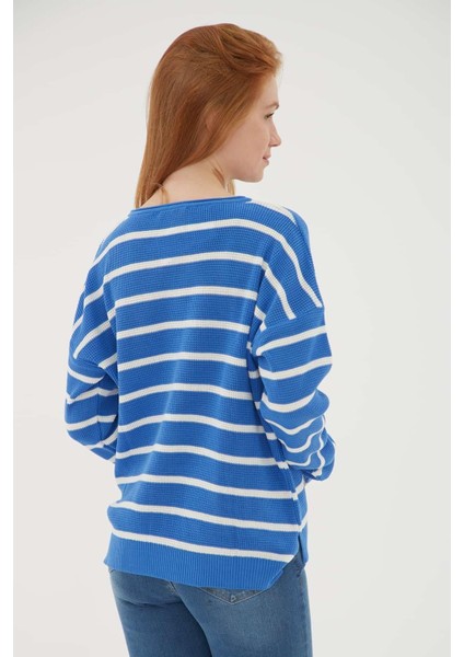 Rahat Bisiklet Yaka Çizgili Kazak Mavi