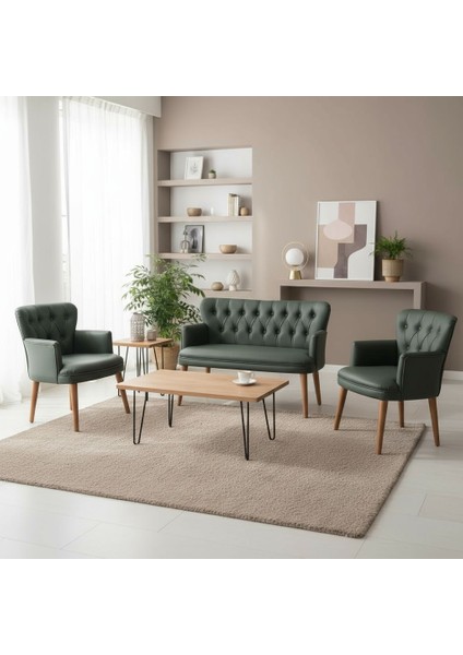 Ahşap Ayaklı Kollu Yeşil Deri Ofis Koltuk Takımı Büro Koltuğu -2+1+1