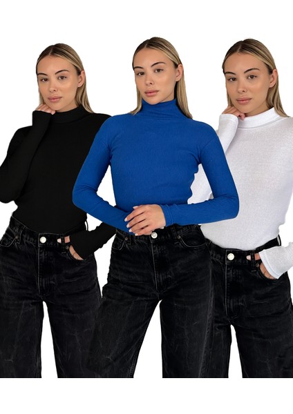 Unisex Pamuklu Balıkçı Yaka Boğazlı Kazak 3'lü Set