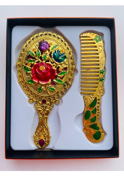 Ayna Tarak Seti, Kutulu-Metal-Hediyelik Takım, 13CM Aynalı Saç Fırçası, Tavuskuşu Figürlü