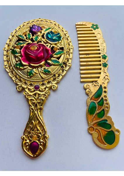 Ayna Tarak Seti, Kutulu-Metal-Hediyelik Takım, 13CM Aynalı Saç Fırçası, Tavuskuşu Figürlü