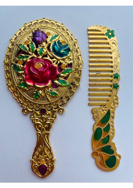 Ayna Tarak Seti, Kutulu-Metal-Hediyelik Takım, 13CM Aynalı Saç Fırçası, Tavuskuşu Figürlü