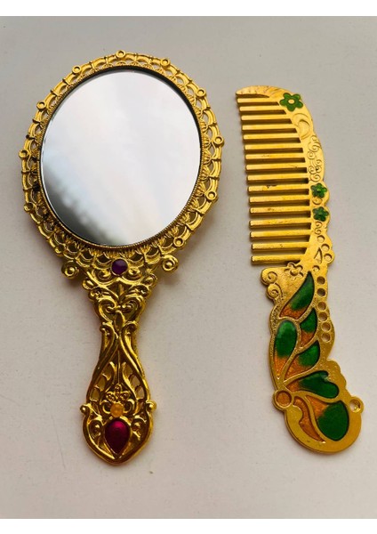 Ayna Tarak Seti, Kutulu-Metal-Hediyelik Takım, 13CM Aynalı Saç Fırçası, Tavuskuşu Figürlü