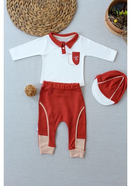Litaetrend 3-6 6-9 9-12 Ay Efendi Nakışlı Cep Şapkalı Uzun Kollu Sweat 3lü Erkek Bebek Takımı Kiremit