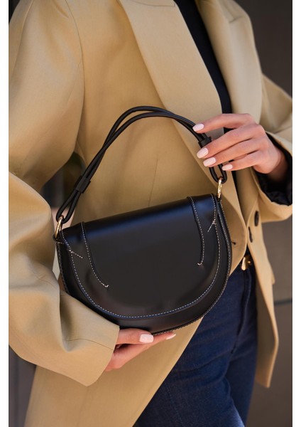 Siyah Kadın Kontrast Dikişli Çapraz Askılı El ve Omuz Çantası fiyatları
