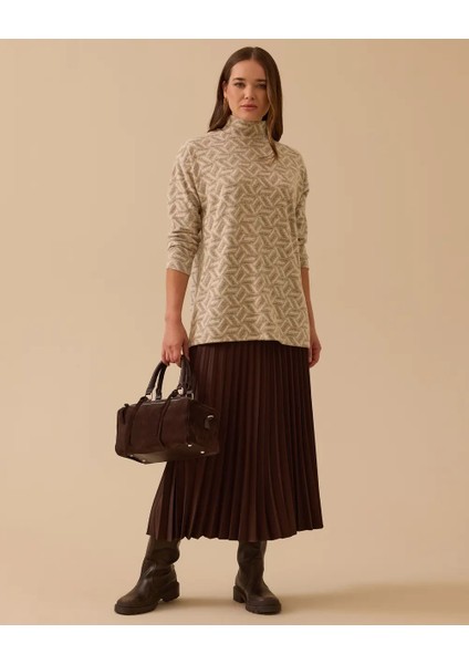 10002521711018 Desenli Düşük Omuzlu Triko Tunik