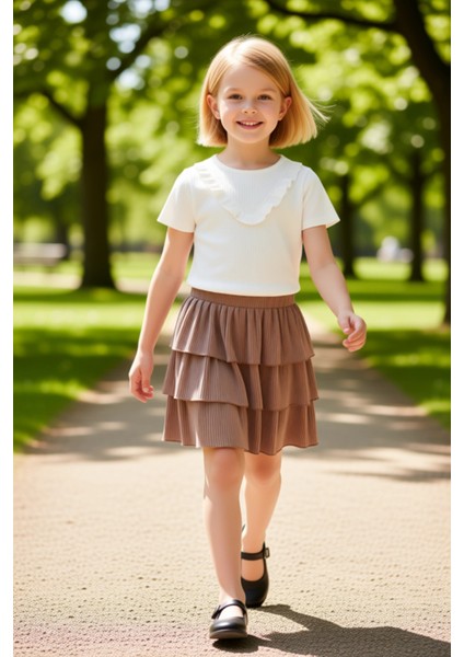 Kız Çocuk Fırfır Yaka Ribana Üst ve Katmanlı Etek Takımı Kaliteli Şık Rahat Günlük