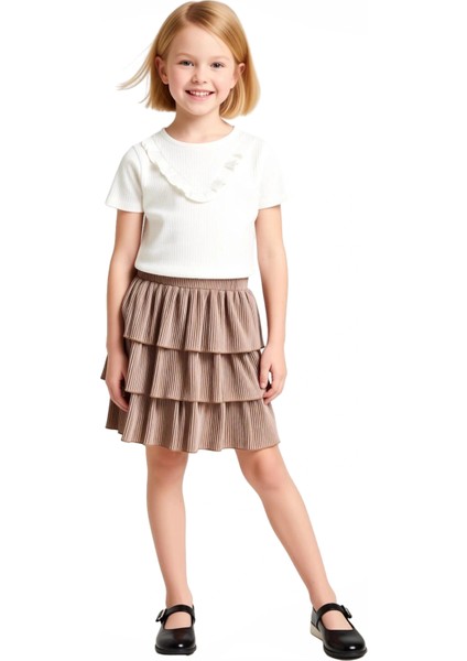 Kız Çocuk Fırfır Yaka Ribana Üst ve Katmanlı Etek Takımı Kaliteli Şık Rahat Günlük fırsatları