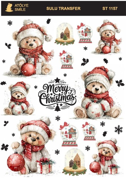 ST1157 Yeniyıl, Kaligrafik Yazı, Teddy Desenli Açık Zemin Sulu Transfer 25*35 cm