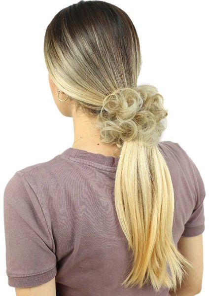 Saçlı Lastikli Topuz Toka - Karamel Platin Röfleli