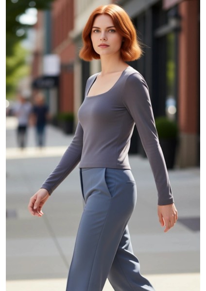 Kadın Kare Yaka Vücuda Oturan Uzun Kollu Örme Kaliteli Şık Rahat Modern Zarif Günlük