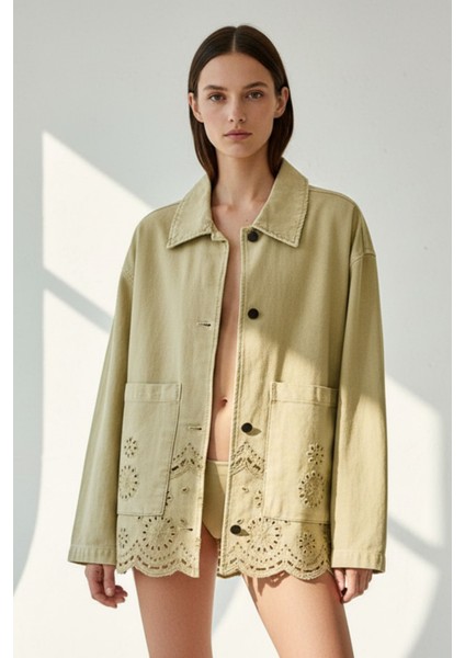 Kadın Yağ Yeşili Düğmeli Uzun Kollu Lazer Kesim Nakışlı %100 Pamuk Oversize - Yeni Sezon Kadın Ceket