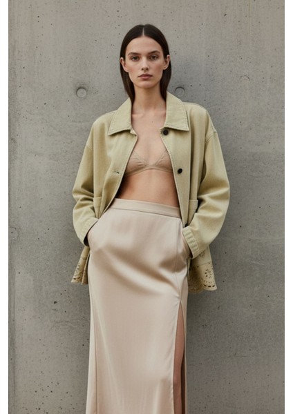 Kadın Yağ Yeşili Düğmeli Uzun Kollu Lazer Kesim Nakışlı %100 Pamuk Oversize - Yeni Sezon Kadın Ceket modelleri