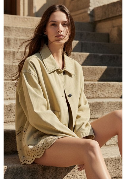 Kadın Yağ Yeşili Düğmeli Uzun Kollu Lazer Kesim Nakışlı %100 Pamuk Oversize - Yeni Sezon Kadın Ceket fırsatları