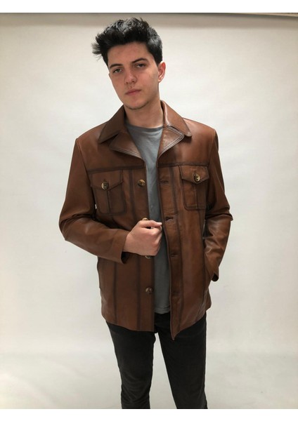 Erkek Taba Hakiki Deri Slim Fit Kaban – Gömlek Yaka, Düğmeli, 4 Cepli, Ipek Astar | Uşak El Işçiliği