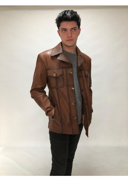 Erkek Taba Hakiki Deri Slim Fit Kaban – Gömlek Yaka, Düğmeli, 4 Cepli, Ipek Astar | Uşak El Işçiliği fiyatları