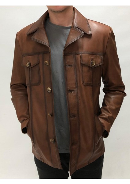 Erkek Taba Hakiki Deri Slim Fit Kaban – Gömlek Yaka, Düğmeli, 4 Cepli, Ipek Astar | Uşak El Işçiliği modelleri
