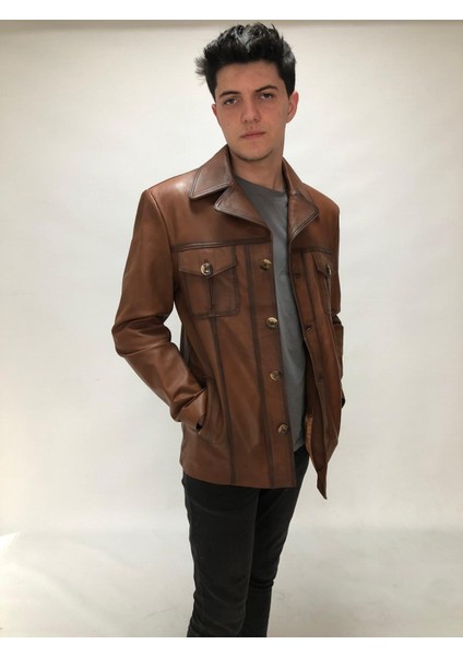 Erkek Taba Hakiki Deri Slim Fit Kaban – Gömlek Yaka, Düğmeli, 4 Cepli, Ipek Astar | Uşak El Işçiliği indirimleri
