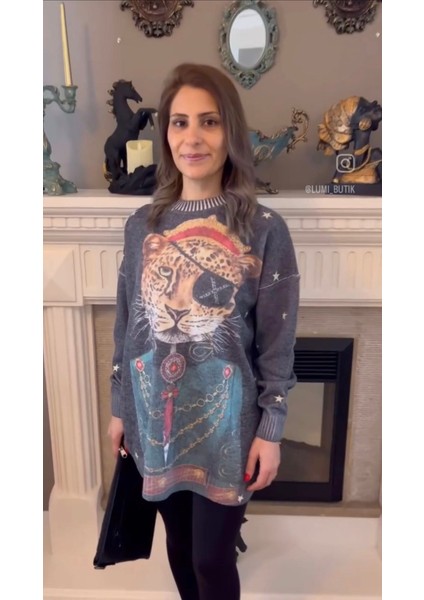 Kaplan Desenli Tunik Kadın Kazak modelleri