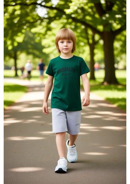 Erkek Çocuk Brooklyn Baskılı Pamuklu T Shirt ve Şort Takımı Kaliteli Şık Rahat