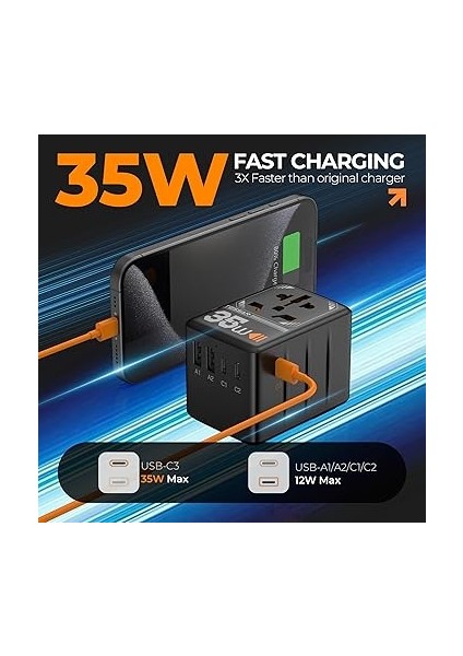 Evrensel Seyahat Adaptörü, 3 USB C ve 2 USB A Şarj Portlu 35 W Uluslararası Fiş Adaptörü, Dünya Çapında Güç Çıkışı Ab'den Avrupa'ya Ab Birleşik Krallık Aus Irlanda modelleri