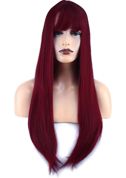 Düz Perçemli Uzun Fiber Sentetik Peruk - Kızıl fiyatları