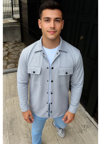 Erkek Diagonal Kumaş Cepli Çıtçıtlı Uzun Kollu, Gömlek Oversize Rahat Kalıp Günlük Şık Stil - Gri