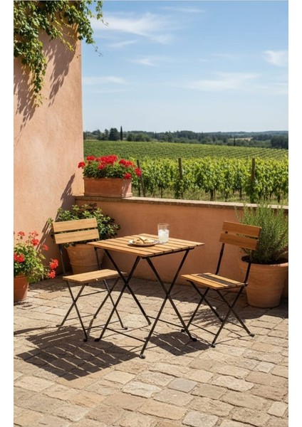 Ahşap Üstlü Demir Balkon Masa Sandalye Takımı – 3 Parça, Katlanabilir, Şık Bahçe & Balkon Takımı