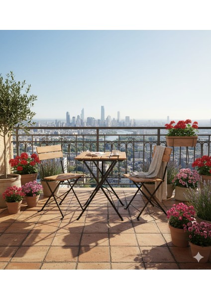 Ahşap Üstlü Demir Balkon Masa Sandalye Takımı – 3 Parça, Katlanabilir, Şık Bahçe & Balkon Takımı fiyatları