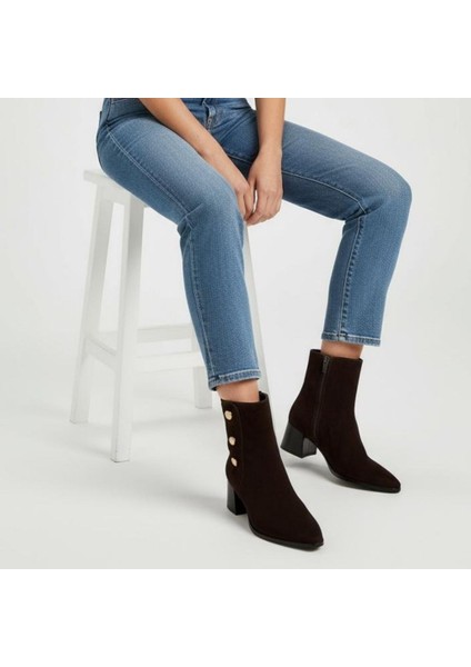 Kahve Süet Hakiki Deri Gold Düğme Detaylı Kadın Sivri Burunlu Bot fiyatları