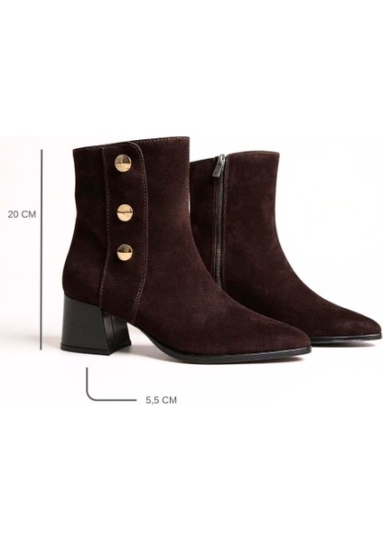 Kahve Süet Hakiki Deri Gold Düğme Detaylı Kadın Sivri Burunlu Bot indirimleri