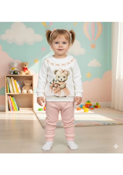 Kız Bebek Ayıcık Baskılı Çıt Çıtlı Alt Üst Ikili Gündelik Takım 6-18 Ay